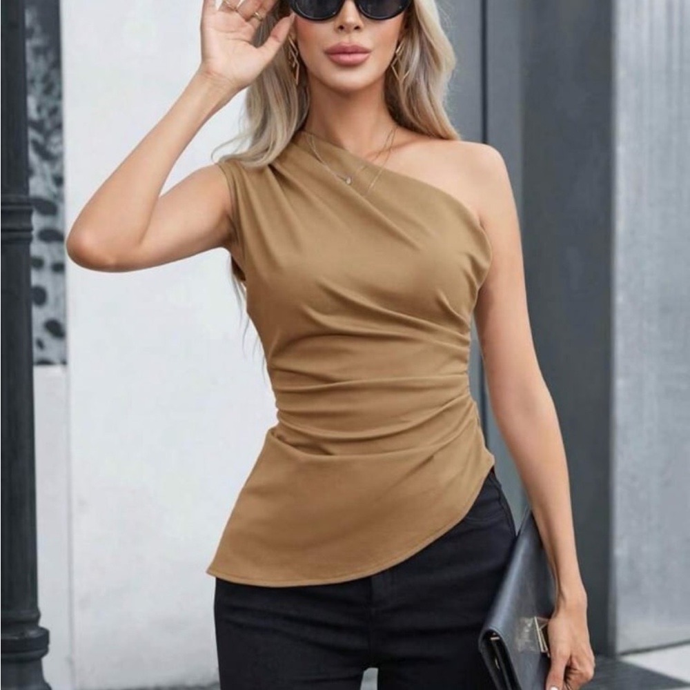 Chic One-Shoulder Brown Blouse